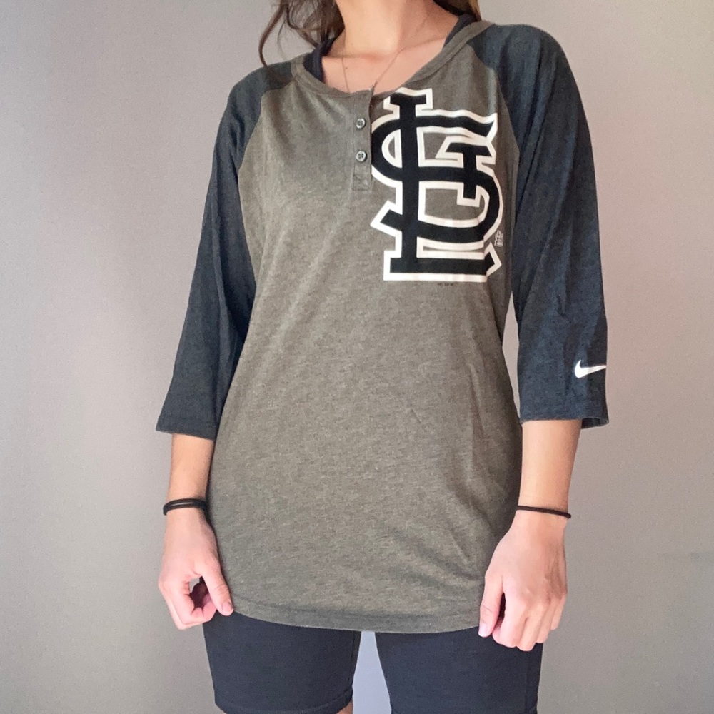 St. Louis Cardinals Henley Neck Army Green Baseball Tee